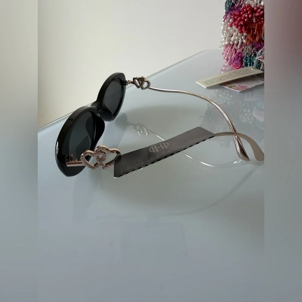 House of Harlow 1960 Black Sunglasses with Heart rhinestone Accent